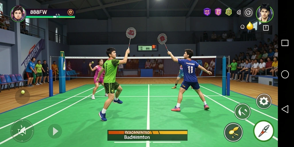 Tampilan utama game Badminton 888FW dengan kontrol intuitif.